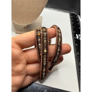 Chan Luu Jasper Crystal Mixed Bead Wrap Bracelet Rose Gold Tone Brown Cord 13in